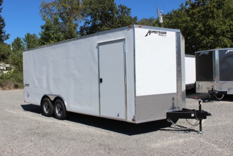 BRAND NEW 2021 HOMESTEADER INTREPID 8.5  X 20  ENCLOSED CAR HAULER TRAILER FOR SALE, 78  INTERIOR HEIGHT, 24  V-NOSE WITH TREADPLATE STONEGUARD, 2-5.2K ELECTRIC BRAKE AXLES, SPRING SUSPENSION, 15  RADIAL TIRES, WHITE EXTERIOR ALUMINUM, ONE PIECE ALUMINUM ROOF, WHITE CEILING UNDERLAYMENT, 16  ON CENTER FLOOR CROSSMEMBERS, WALL POSTS, AND ROOF BOWS, 32  BONDED SIDE DOOR WITH FLUSH LOCK, REAR RAMP DOOR WITH EXTENDED WOOD FLAP, 4 FOOT BEAVER TAIL, 3/4  PLYWOOD FLOOR, 3/8  PLYWOOD WALLS, 4 FLOOR MOUNT D-RINGS, FLOW THRU SIDE WALL VENTS, INTERIOR DOME LIGHT, LED EXTERIOR LIGHTS, A-FRAME JACK, 2-5/16  A-FRAME COUPLER.