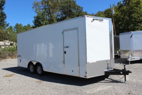 HOMESTEADER INTREPID 8.5  X 20  ENCLOSED CAR HAULER TRAILER FOR SALE, 84  INTERIOR HEIGHT, 24  V-NOSE WITH TREADPLATE STONEGUARD, 2-3.5K ELECTRIC BRAKE AXLES, SPRING SUSPENSION, 15  RADIAL TIRES, SPARE HOLDER - INTERIOR MOUNT (LOOSE), WHITE EXTERIOR ALUMINUM, ONE PIECE ALUMINUM ROOF, 16  ON CENTER FLOOR CROSSMEMBERS, WALL POSTS, AND ROOF BOWS, 32  BONDED SIDE DOOR WITH FLUSH MOUNT LOCK AND BAR LOCK, REAR RAMP DOOR WITH EXTENDED WOOD FLAP, BEAVERTAIL, 3/4  PLYWOOD FLOOR, 3/8  PLYWOOD WALLS, 4 FLOOR MOUNT D-RINGS, FLOW THRU SIDE WALL VENTS, INTERIOR DOME LIGHT, LED EXTERIOR LIGHTS, A-FRAME JACK, 2-5/16  A-FRAME COUPLER.