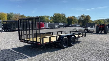2022 ECONOBODY 16  X 82  WRAP UTILITY TRAILER, TANDEM AXLE, 2-3.5K AXLES, ONE ELECTRIC BRAKE, BREAK-AWAY, SPRING SUSPENSION, NEW 6 PLY RADIAL TIRES ON BLACK WHEELS, SPARE TIRE MOUNT, STRAIGHT DECK, 4  REAR GATE, TREATED WOOD FLOOR, PAINTED BLACK WITH TEAL PIN STRIPES, ANGLE SIDE RAILS WITH TREAD PLATE UPRIGHTS, LED SEALED BEAM REAR TAIL LIGHTS, MARKER LIGHTS IN FRONT AND REAR CORNERS, A-FRAME JACK, 2  A-FRAME COUPLER.