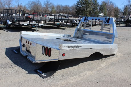 BRADFORD BUILT 96&quot; X 112&quot; ALUMINUM WORKBED, 60&quot; CAB TO AXLE, 34&quot; FRAME WIDTH, FITS A DUALLY WHEEL CAB AND CHASSIS TRUCK, 4&quot; FOLD DOWN SIDES, LED LIGHTS, LIGHTED HEADACHE RACK, GOOSENECK HITCH AND REAR 2-1/2&quot; RECEIVER HITCH, MUDFLAPS, 18K REAR HITCH, 30K GN HITCH, SEALED WIRING HARNESS, TAPERED REAR CORNERS. Please check with us for exact fitment as makes vary slightly.