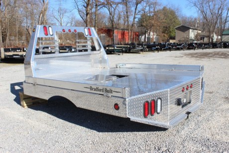 BRADFORD BUILT 96&quot; X 102&quot; ALUMINUM WORKBED, 56&quot; CAB TO AXLE, 42&quot; FRAME WIDTH, FITS A DUALLY WHEEL BED TAKE OFF TRUCK (LONG BED), 4&quot; FOLD DOWN SIDES, LED LIGHTS, LIGHTED HEADACHE RACK, GOOSENECK HITCH AND REAR 2-1/2&quot; RECEIVER HITCH, MUD FLAPS, 18K REAR HITCH, 30K GN HITCH, SEALED WIRING HARNESS, TAPERED REAR CORNERS. Please check with us for exact fitment as makes vary slightly.
