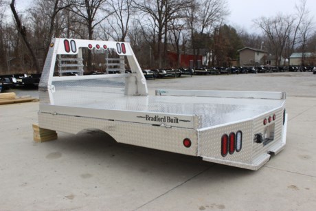 BRADFORD BUILT 96&quot; X 112&quot; ALUMINUM WORKBED, 60&quot; CAB TO AXLE, 34&quot; FRAME WIDTH, FITS A DUALLY WHEEL CAB AND CHASSIS TRUCK, 4&quot; FOLD DOWN SIDES, LED LIGHTS, LIGHTED HEADACHE RACK, GOOSENECK HITCH AND REAR 2-1/2&quot; RECEIVER HITCH, MUDFLAPS, 18K REAR HITCH, 30K GN HITCH, SEALED WIRING HARNESS, TAPERED REAR CORNERS. Please check with us for exact fitment as makes vary slightly.