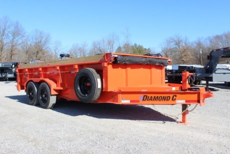 2022 DIAMOND C 16&#39; X 81&quot; HEAVY DUTY LOW PROFILE DUMP TRAILER FOR SALE, 18K GVWR PACKAGE, 620 SCISSOR HOIST, POWER UP AND DOWN, 7 WATT SOLARPULSE PANEL, 2-5/16&quot; 20K ADJUSTABLE BP COUPLER, 12K DROP LEG JACK, MEGA V TONGUE FRONT STORAGE BOX WITH 12 GUAGE LID, ENGINEERED I-BEAM FRAME AND TONGUE, 16&quot; ON CENTER CROSSMEMBERS, 2-8K OIL BATH DROP AXLES, ELECTRIC BRAKES, ST215/75R17.5 16 PLY TIRES, SPRING SUSPENSION, SPARE TIRE AND MOUNT, 3 WAY SPREADER GATE, 24&quot; HIGH SIDES, SUPER DUTY 7GA BODY, FLOOR, AND SIDES, 3/16&quot; HEAVY DUTY FENDERS, 72&quot; HD REAR SLIDE-IN RAMPS, FRONT BULKHEAD FOR TARP MOUNTING AND PROTECTION, 20&#39; TARP INSTALLED, BOARD BRACKETS WITH BOARDS AND RAISED FRONT INSTALLED, 36&quot; SIDE STEP, LED LIGHTS, INDUSTRIAL ORANGE, DM DIFFERENCE MAKER COATING SYSTEM, 3 YEAR STRUCTURE WARRANTY.