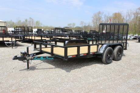 2022 ECONOBODY 14&#39; WRAP UTILITY TRAILER FOR SALE, 75&quot; WIDE DECK, 2-3.5K AXLES, ONE ELECTRIC BRAKE, BREAK-AWAY, SPRING SUSPENSION, NEW 15&quot; 6 PLY RADIAL TIRES, REAR 4&#39; TAIL GATE, TREATED WOOD FLOOR, LED SEALED BEAM TAIL LIGHTS, FRONT AND REAR CORNER MARKER LIGHTS, PAINTED BLACK W/ TEAL PIN STRIPES, ANGLE SIDE RAILS WITH TREAD PLATE UPRIGHTS, 2&quot; COUPLER WITH A-FRAME JACK.