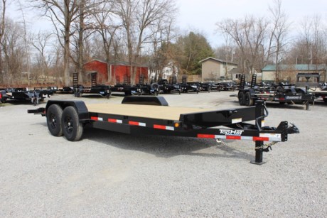 2022 TOP HAT 20&#39; X 83&quot; FLATBED EQUIPMENT TRAILER FOR SALE, 2&#39; TREADPLATE DOVETAIL WITH 5&#39; SIDE SLIDE-IN RAMPS, 2-5/16&quot; ADJUSTABLE COUPLER, 12K DROP LEG JACK, 2-7K ELECTRIC BRAKE AXLES, SPRING SUSPENSION, ST235-80R16&quot; 10 PLY TIRES, DIAMOND PLATE FENDERS, STAKE POCKETS, TREATED WOOD FLOOR, SPARE TIRE MOUNT, 6&quot; CHANNEL FRAME AND TONGUE, 3&quot; CHANNEL CROSSMEMBERS ON 16&quot; CENTERS, SEALED FLUSH MOUNT LED LIGHTS, DOT REFLECTIVE TAPE, BLACK VALSPAR PAINT, ONE YEAR LIMITED MANUFACTURER WARRANTY.