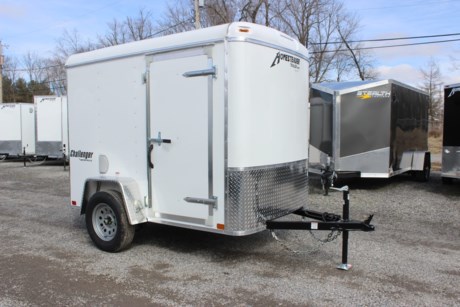 2022 HOMESTEADER 5&#39; X 8&#39; CHALLENGER ENCLOSED CARGO TRAILER, SINGLE AXLE, ROUND TOP / FLAT FRONT, 68&quot; INTERIOR HEIGHT, 3.5K IDLER AXLE, SPRING SUSPENSION, WHITE ALUMINUM EXTERIOR, SCREWED EXTERIOR, 24&quot; ON CENTER WALL POSTS, 24&quot; ON CENTER FLOOR CROSS MEMBERS, 3/4&quot; PLYWOOD FLOOR, 3/8&quot; PLYWOOD WALLS, REAR RAMP DOOR, SIDE DOOR WITH BAR LOCK, ONE PIECE ALUMINUM ROOF, ALUMINUM TREADPLATE FENDERS, 24&quot; FRONT STONE GUARD, INTERIOR DOME LIGHT, LED EXTERIOR LIGHTS, A-FRAME JACK, 2&quot; COUPLER.