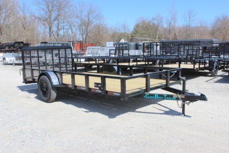 2022 ECONOBODY 14&#39; X 75&quot; SINGLE AXLE UTILITY TRAILER, 3500# IDLER AXLE, SPRING SUSPENSION, NEW 6 PLY RADIAL TIRES, BLACK WHEELS, SPARE TIRE MOUNT, 2&#39; DOVETAIL AND 3&#39; TAIL GATE, TREATED WOOD FLOOR, ANGLE SIDE RAILS WITH TREAD PLATE UPRIGHTS, PAINTED BLACK WITH TEAL PIN STRIPES, LED SEALED BEAM TAIL LIGHTS, MARKER LIGHTS IN FRONT AND REAR CORNERS, 2&quot; COUPLER, A-FRAME JACK.