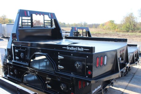 BRADFORD BUILT 96&amp;quot; X 112&amp;quot; STEEL 4 BOX UTILITY BED, 34&amp;quot; FRAME WIDTH, 60&amp;quot; CAB TO AXLE, LIGHTED HEADACHE RACK, LED LIGHTS, GOOSENECK HITCH AND REAR 2-1/2&amp;quot; RECEIVER HITCH, TAPERED REAR CORNERS, 1/8&amp;quot; STEEL TREADPLATE FLOOR, 4&amp;quot; DROP DOWN SIDES, BLACK POWDERCOAT, SKIRTED BED WITH 4 TOOLBOXES (ONE IN EACH CORNER), THIS BED FITS A DUALLY WHEEL CAB AND CHASSIS TRUCK.

Type: Truck body