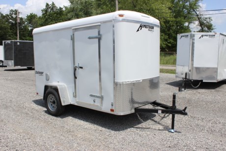 2022 HOMESTEADER 5  X 10  CHALLENGER ENCLOSED CARGO TRAILER, SINGLE AXLE, ROUND TOP / FLAT FRONT, 74  INTERIOR HEIGHT, 3.5K IDLER AXLE, SPRING SUSPENSION, WHITE ALUMINUM EXTERIOR, SCREWED EXTERIOR, 24  ON CENTER WALL POSTS, 24  ON CENTER FLOOR CROSS MEMBERS, 3/4  PLYWOOD FLOOR, 3/8  PLYWOOD WALLS, 32  SIDE DOOR WITH BAR LOCK, REAR RAMP DOOR WITH EXTENDED WOOD FLAP, ONE PIECE ALUMINUM ROOF, ALUMINUM TREADPLATE FENDERS, 24  FRONT STONE GUARD, FLOW THRU VENTS, INTERIOR DOME LIGHT, LED EXTERIOR LIGHTS, A-FRAME JACK, 2  COUPLER.