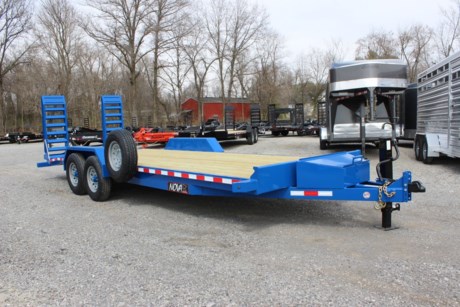 2022 MIDSOTA 22FT X 82IN FLATBED EQUIPMENT TRAILER FOR SALE, NOVA ET SERIES EQUIPPED WITH 2-7K STRAIGHT SPRING AXLES, ELECTRIC BRAKES ON ALL WHEELS, 16IN RADIAL 10 PLY TIRES, SPARE TIRE AND CARRIER, 82IN WIDE BED WIDTH, 36IN BEAVERTAIL, 5FT STAND-UP (SPRING-ASSISTED) RAMPS WITH KICKERS, RUB RAIL AND STAKE POCKETS, TREATED WOOD FLOOR, 25IN STANDARD BED HEIGHT, 5IN CHANNEL TONGUE, 6IN CHANNEL FRAME, 3IN CHANNEL CROSSMEMBERS ON 16IN CENTERS, FRONT A-FRAME TOOLBOX, 2-5/16IN COUPLER, 12K DROP LEG JACK, LED LIGHTS, BLUE PPG INDUSTRIAL GRADE POLY PRIMER AND PAINT.
