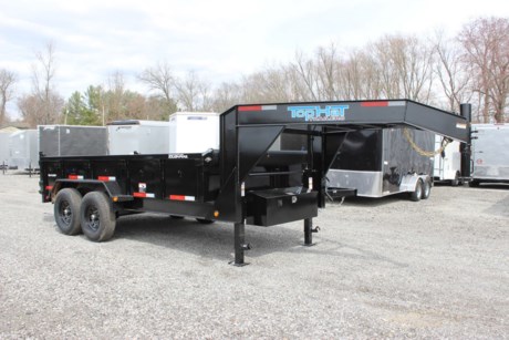 2022 TOP HAT 14  X 83  GOOSENECK I-BEAM FRAME DUMP TRAILER FOR SALE, 2-5/16  ADJUSTABLE GN COUPLER, 2-10K DUAL DROP LEG JACKS, FRONT TOOLBOX WITH HYDRAULIC PUMP, BATTERY AND 110V-5 AMP CHARGER, 2-7K DEXTER ELECTRIC BRAKE AXLES, SPRING SUSPENSION, ST235-80R16  10 PLY TIRES, SPARE TIRE MOUNT, 14 GA DIAMOND PLATE FENDERS, DOUBLE SWING DOORS / SPREADER GATE, RAMP POCKETS WITH 7  REAR SLIDE-IN RAMPS, (4) 5/8  D-RINGS IN BOX, 7 GA SHEET METAL FLOOR, 8  I-BEAM INTERGRATED FRAME, 24  TALL 10 GA SHEET METAL SIDES, TARP BRACKETS WITH TARP KIT INSTALLED, POWER UP AND DOWN SCISSOR HOIST, WIRING HARNESS WITH SEALED FLUSH MOUNT LED LIGHTS, DOT REFLECTIVE TAPE, BLACK VALSPAR PAINT, ONE YEAR LIMITED MANUFACTURER WARRANTY.