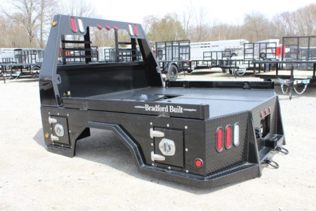BRADFORD BUILT STEEL 4 BOX UTILITY BED, 84&amp;quot; X 84&amp;quot;, 38&amp;quot; FRAME WIDTH, 40&amp;quot; CAB TO AXLE, FITS A SINGLE WHEEL SHORT BED TRUCK, SPECIFICALLY MADE TO FIT FORD SHORTBED TRUCKS, REAR 2-1/2&amp;quot; RECEIVER HITCH, 30K RATED GOOSENECK HITCH, LED LIGHTS, LIGHTED HEADACHE RACK, 4&amp;quot; DROP DOWN SIDES, 4 TOOLBOXES, ONE IN EACH CORNER, 1/8&amp;quot; STEEL TREADPLATE FLOOR, BLACK POWDERCOAT. Please check with us for exact fitment as makes vary slightly.

Type: Truck body