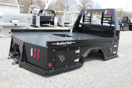 BRADFORD BUILT 96&quot; X 112&quot; STEEL 4 BOX UTILITY BED, 34&quot; FRAME WIDTH, 60&quot; CAB TO AXLE, LIGHTED HEADACHE RACK, LED LIGHTS, GOOSENECK HITCH AND REAR 2-1/2&quot; RECEIVER HITCH, TAPERED REAR CORNERS, 1/8&quot; STEEL TREADPLATE FLOOR, 4&quot; DROP DOWN SIDES, BLACK POWDERCOAT, SKIRTED BED WITH 4 TOOLBOXES (ONE IN EACH CORNER), THIS BED FITS A DUALLY WHEEL CAB AND CHASSIS TRUCK.