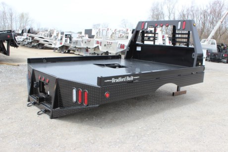 NEW PICKUP FLATBED FOR TRUCK FOR SALE, BRADFORD BUILT 96&quot; X 112&quot; STEEL WORKBED, 34&quot; FRAME WIDTH, 60&quot; CAB TO AXLE, FITS CAB &amp; CHASSIS DUALLY TRUCK, GOOSENECK HITCH, REAR 2-1/2&quot; RECEIVER HITCH, LED LIGHTS, LIGHTED HEADACHE RACK, BLACK POWDERCOAT, 1/8&quot; STEEL TREADPLATE FLOOR, 4&quot; DROP DOWN SIDES, TAPERED REAR CORNERS. Please check with us for exact fitment as makes vary slightly.