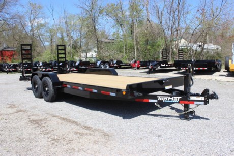 2022 TOP HAT 20  X 83  FLATBED EQUIPMENT TRAILER FOR SALE, 2  TREADPLATE DOVETAIL WITH 5  FOLD-UP RAMPS, 2-5/16  ADJUSTABLE COUPLER, 12K DROP LEG JACK, 2-7K ELECTRIC BRAKE AXLES, SPRING SUSPENSION, ST235-80R16  10 PLY TIRES, DIAMOND PLATE FENDERS, RUB RAIL WITH STAKE POCKETS, TREATED WOOD FLOOR, SPARE TIRE MOUNT, 6  CHANNEL FRAME AND TONGUE, 3  CHANNEL CROSSMEMBERS ON 16  CENTERS, SEALED FLUSH MOUNT LED LIGHTS, DOT REFLECTIVE TAPE, BLACK VALSPAR PAINT, ONE YEAR LIMITED MANUFACTURER WARRANTY.