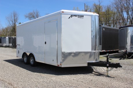 2022 HOMESTEADER 8.5&#39; X 16&#39; ENCLOSED CARGO TRAILER, ROUND TOP / WEDGE NOSE, FRONT STONEGUARD, 2-5.2K ELECTRIC BRAKE AXLES, TORSION AXLES, 15&quot; RADIAL TIRES, SPARE TIRE HOLDER-INTERIOR MOUNT (LOOSE), 3/8&quot; PLYWOOD WALLS, 3/4&quot; PLYWOOD FLOOR, 16&quot; ON CENTER CROSS MEMBERS, 12&quot; ON CENTER WALL POSTS AND ROOF BOWS, 84&quot; INTERIOR HEIGHT, WHITE ALUMINUM EXTERIOR, FLOW THRU SIDEWALL VENTS, LED LIGHTS, REAR RAMP DOOR WITH EXTENDED WOOD FLAP, BOGEY WHEELS (PAIR), 36&quot; BONDED SIDE DOOR W/ FLUSH MOUNT LOCK, DOME LIGHT, 2-5/16&quot; ADJUSTABLE COUPLER, 8K DROPLEG JACK, 72&quot; TRIPLE TUBE TONGUE.