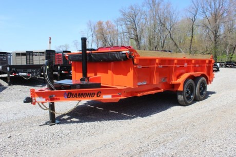 2022 DIAMOND C 14&#39; X 82&quot; HEAVY DUTY LOW PROFILE TELESCOPIC DUMP TRAILER, 3 STAGE TELESCOPIC HYDRAULIC HOIST, POWER UP AND GRAVITY DOWN ELECTRIC OVER HYDRAULIC PUMP, FRONT TOOLBOX, 2-5/16&quot; 21K DEMCO ADJUSTABLE BP COUPLER, 12K HYDRAULIC JACK, 8&quot; X 15 LB I-BEAM MAIN FRAME, 2-7K ELECTRIC BRAKE AXLES, ST215/75R17.5 16 PLY TIRES, SPRING SUSPENSION (STRAIGHT AXLES), SPARE TIRE AND MOUNT, 3 WAY SPREADER GATE, 24&quot; HIGH SIDES, 7 GA (3/16&quot;) BODY, FLOOR, AND SIDES, 72&quot; REAR SLIDE-IN RAMPS, 3/16&quot; DIAMOND PLATE FENDERS, FRONT BULKHEAD FOR TARP MOUNTING AND PROTECTION, 20&#39; TARP INSTALLED, BOARD BRACKETS WITH BOARDS AND RAISED FRONT INSTALLED, 36&quot; SIDE STEP, LED LIGHTS, INDUSTRIAL ORANGE, DM DIFFERENCE MAKER COATING SYSTEM, 3 YEAR STRUCTURE WARRANTY.
