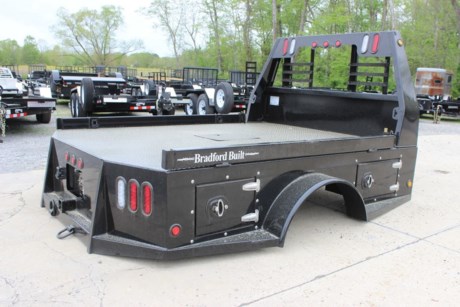 BRADFORD BUILT STEEL STEP SIDE BED, 96&quot; X 102&quot;, 42&quot; FRAME WIDTH, 56&quot; CAB TO AXLE, FITS A DUALLY WHEEL BED TAKE OFF TRUCK (LONG BED), LED LIGHTS, LIGHTED HEADACHE RACK, 30K RATED 2-5/16&quot; GOOSENECK HITCH, 2-1/2&quot; REAR RECEIVER HITCH, REAR TAPERED CORNERS, 4&quot; DROP DOWN SIDES, 1/8&quot; STEEL TREADPLATE FLOOR, SKIRTED BED WITH 4 TOOLBOXES (ONE IN EACH CORNER),  MUD FLAPS, BLACK POWDERCOAT.