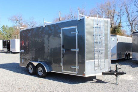 2022 HOMESTEADER 7&#39; X 16&#39; ENCLOSED CARGO TRAILER, V-NOSE WITH FRONT STONEGUARD, 84&quot; INTERIOR HEIGHT, GRAY ALUMINUM EXTERIOR, 2-3.5K ELECTRIC BRAKE AXLES, SPRING SUSPENSION, 15&quot; RADIAL TIRES, SPARE HOLDER - INTERIOR MOUNT (LOOSE), 32&quot; SIDE DOOR WITH FLUSH MOUNT LOCK AND BAR LOCK (LOCKABLE DOOR HASP), ADDITIONAL DOOR HINGE, ALUMINUM DOOR HOLDBACK, DOUBLE REINFORCED REAR RAMP DOOR WITH EXTENDED WOOD FLAP, 3/4&quot; PLYWOOD FLOOR, 3/8&quot; PLYWOOD WALLS, 12&quot; ON CENTER FLOOR CROSSMEMBERS AND WALL POSTS, 12&quot; ON CENTER ROOF BOWS, WALK ON ROOF, ROOF ACCESS LADDER, (3) LADDER RACKS, (4) FLOOR MOUNT D-RINGS, FLOW THRU VENTS - SIDEWALL, LED EXTERIOR LIGHTS, (3) 12V LED INTERIOR LIGHTS, 12V INTERIOR WALL SWITCH, REAR LOADING LIGHT, 2-5/16&quot; COUPLER, TRIPLE TUBE TONGUE, 8K DROP LEG JACK.