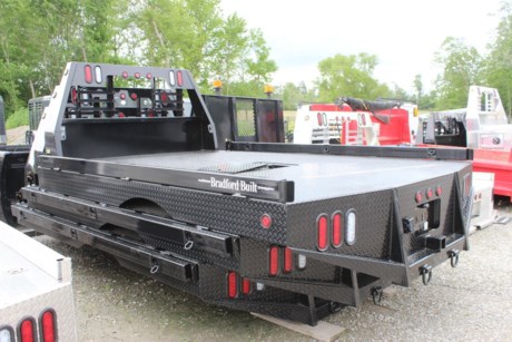 BRADFORD BUILT 96&quot; X 136&quot; STEEL WORKBED, 34&quot; FRAME WIDTH, 84&quot; CAB TO AXLE, FITS CAB &amp; CHASSIS DUALLY TRUCK (11&#39; FRAME), GOOSENECK HITCH, 2-1/2&quot; REAR RECEIVER HITCH, LED LIGHTS, LIGHTED HEADACHE RACK, BLACK POWDERCOAT, 1/8&quot; STEEL TREADPLATE FLOOR, 4&quot; DROP DOWN SIDES, TAPERED REAR CORNERS.
