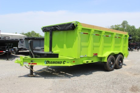 2022 DIAMOND C 14  X 82  HEAVY DUTY LOW PROFILE DUMP TRAILER, TELESCOPIC CYLINDER HOIST, 44  HIGH SIDES, 2-5/16  20K FLAT MOUNT COUPLER, HYDRAULIC JACK, ENGINEERED I-BEAM FRAME, 7 GA (3/16 ) BODY, FLOOR AND SIDES, 16  ON CENTER CROSSMEMBERS, 3/16  DIAMOND PLATE FENDERS, 2-10K OIL BATH TORSION AXLES, ELECTRIC DRUM BRAKES, ST215/75R17.5  16 PLY TIRES, SPARE TIRE MOUNT, MATCHING SPARE TIRE, 3 WAY SPREADER GATE, 44  HIGH SIDES, HD 78  REAR SLIDE-IN RAMPS, REAR STABILIZER DROP LEG JACKS, FORK HOLDER, 1-36  SIDE STEP, FRONT BULKHEAD FOR TARP MOUNTING AND PROTECTION, 20  TARP INSTALLED, BOARD BRACKETS WITH BOARDS AND RAISED FRONT, (4) HD 5/8  D-RINGS, LED LIGHTS, 7 WATT SOLARPULSE PANEL, LIME (NEON) GREEN, DM DIFFERENCE MAKER COATING SYSTEM, 3 YEAR STRUCTURE WARRANTY.