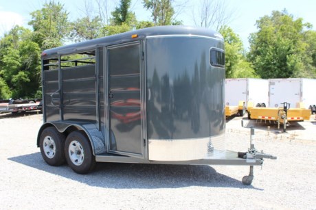 2022 CALICO 2 HORSE SLANT W/ DRESSING ROOM, 12  LONG, 6  WIDE, 6 6  HIGH, 2-3.5K TORSION AXLES, ONE ELECTRIC BRAKE, ST235/80R16  RADIAL TIRES, SPARE TIRE MOUNT, REAR FULL SWING GATE, SLANT DIVIDER, FRONT DRESSING ROOM W/ SIDE DOOR, SADDLE RACK, ESCAPE DOOR ON DRIVERS SIDE, PAINTED WOOD FLOOR, TIE HOOKS, 2  A-FRAME COUPLER, A-FRAME JACK WITH CASTER WHEEL, LED LIGHTS, DARK SLATE GRAY METALLIC PAINT WITH WHITE STRIPES.