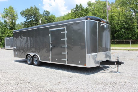 2022 HOMESTEADER 102  X 24  CHALLENGER ENCLOSED CAR HAULER TRAILER FOR SALE, ROUND TOP, FLAT FRONT, TRIPLE TUBE TONGUE, A-FRAME JACK, 2-5/16  COUPLER, 2-5.2K ELECTRIC BRAKE AXLES, 15  RADIAL TIRES, SPRING SUSPENSION, 48  SIDE DOOR WITH FLUSH MOUNT LOCK AND BAR LOCK, ADDITIONAL DOOR HINGE, ALUMINUM DOOR HOLDBACK, REAR RAMP DOOR WITH EXTENDED WOOD FLAP, BEAVERTAIL, REAR BOGEY WHEELS (PAIR), 3/4  PLYWOOD FLOOR, (8) FLOOR MOUNT D-RINGS, 3/8  PLYWOOD WALLS, SIDE-WALL FLOW THRU VENTS, INTERIOR DOME LIGHT, 84  INTERIOR HEIGHT, 12  ON CENTER ROOF BOWS, 16  ON CENTER WALL POSTS AND FLOOR CROSSMEMBERS, GRAY ALUMINUM EXTERIOR, LED LIGHTS.