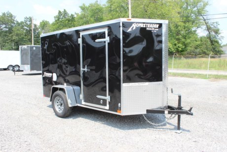2022 HOMESTEADER 5  X 10  ENCLOSED CARGO TRAILER FOR SALE, BLACK EXTERIOR ALUMINUM, 24  V-NOSE, 24  SIDE DOOR WITH BAR LOCK, REAR RAMP DOOR WITH EXTENDED WOOD FLAP, 3/4  PLYWOOD FLOOR, (4) FLOOR MOUNT D-RINGS, 3/8  PLYWOOD WALLS, SIDE WALL FLOW THRU VENTS, INTERIOR DOME LIGHT, 3.5K IDLER AXLE, SPRING SUSPENSION, 15  RADIAL TIRES, LED EXTERIOR LIGHTS, 66  INTERIOR HEIGHT, A-FRAME JACK, 2  COUPLER.