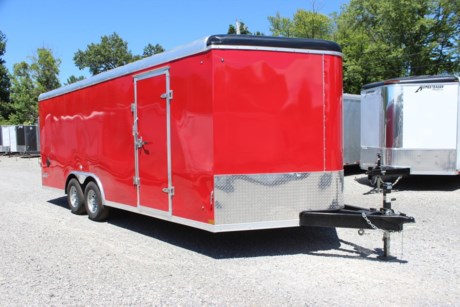 2023 STEALTH ENCLOSED CARGO TRAILER,  LIBERTY GOLD SERIES PACKAGE, ROUND TOP WITH WEDGE NOSE, 24  TALL FRONT STONEGUARD,  8.5  X 20  PLUS 3  WEDGE NOSE,  78  INTERIOR HEIGHT,  6  EXTENDED TONGUE WITH TRIPLE TUBE,  2-5.2K SPRING AXLES,  ELECTRIC BRAKES ON ALL WHEELS, BREAKAWAY KIT,  SILVER 15  WHEELS WITH ST225/75/R15 RADIAL 8 PLY TIRES,  REAR RAMP DOOR W/ FLAP, 2ND GRAB HANDLE, BEAVERTAIL,  32  ALUMINUM FRAME SIDE DOOR WITH RV LATCH AND BAR LOCK,  ALUMINUM DOOR HOLDBACK,  HIGH QUALITY .030  ALUMINUM SHEET METAL EXTERIOR, SCREWLESS, VICTORY RED EXTERIOR COLOR, 3  HEAVY DUTY BOTTOM TRIM,  16  ON CENTER FLOOR CROSSMEMBERS, 16  ON CENTER WALL POSTS,  HD TUBE SIDEWALL FRAME, 24  O/C TUBE STEEL ROOF BOWS,  ELECTROLYSIS BARRIER BETWEEN STEEL AND ALUMINUM,  TUBE MAIN FRAME AND C-CHANNEL FLOOR CROSSMEMBERS, WELDED CONSTRUCTION, REAR SILL UPGRADED TO 2  TUBE,  UNDERCOATING ON FRAME,  ROOF VENT, FLOW THRU SIDEWALL VENTS,  3/8  DRYMAX WALLS,  3/4  DRYMAX FLOOR, WATERPROOF, (4) FLOOR MOUNT D-RINGS,  LED LIGHTS, DOT COMPLIANT, RV 7 PIN PLUG,  (2) LED DOME LIGHTS WITH SWITCH,  2-5/16  A-FRAME COUPLER,  DOT RATED SAFETY CHAINS,  7K DROP LEG JACK,  3 YEAR FRAME WARRANTY.