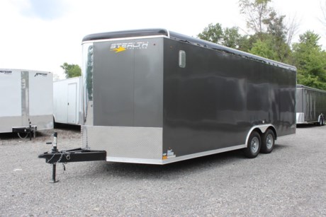 2023 STEALTH ENCLOSED CARGO TRAILER,  LIBERTY SERIES, ROUND TOP WITH WEDGE NOSE, 24  TALL FRONT STONEGUARD, BRITE FRONT NOSE,  8.5  X 20  PLUS 3  WEDGE NOSE,  84  INTERIOR HEIGHT,  TRANSLUCENT ROOF UPGRADE,  6  EXTENDED TONGUE WITH TRIPLE TUBE,  2-5.2K TORSION RIDE AXLES,  ELECTRIC BRAKES ON ALL WHEELS, BREAKAWAY KIT,  SILVER 15  WHEELS WITH ST225/75/R15 RADIAL 8 PLY TIRES,  REAR RAMP DOOR W/ FLAP, 2ND GRAB HANDLE,  48  ALUMINUM FRAME SIDE DOOR WITH RV LATCH AND BAR LOCK,  ALUMINUM DOOR HOLDBACKS, ALL KEYED ALIKE-ALL 3 HASPS,  HIGH QUALITY .030  ALUMINUM SHEET METAL EXTERIOR, SCREWLESS,  CHARCOAL EXTERIOR COLOR, 3  HEAVY DUTY BOTTOM TRIM,  12  WALL, ROOF AND FLOOR CENTERS,  HD TUBE SIDEWALL FRAME, HD TOP TUBE FRAME,  ELECTROLYSIS BARRIER BETWEEN STEEL AND ALUMINUM,  TUBE MAIN FRAME AND C-CHANNEL FLOOR CROSSMEMBERS, WELDED CONSTRUCTION, REAR SILL UPGRADED TO 2  TUBE,  UNDERCOATING ON FRAME,  FRAMED FOR ROOF VENT, FLOW THRU SIDEWALL VENTS,  3/8  DRYMAX WALLS,  3/4  DRYMAX FLOOR, WATERPROOF,  LED LIGHTS, DOT COMPLIANT, RV 7 PIN PLUG, 2ND SET OF STRIP LED TAILLIGHTS,  (3) LED DOME LIGHTS WITH SWITCH,  2-5/16  COUPLER,  DOT RATED SAFETY CHAINS,  A-FRAME JACK,  3 YEAR FRAME WARRANTY.