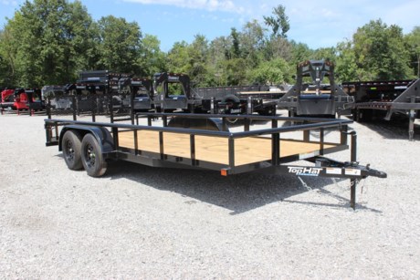 2022 TOP HAT 18  X 83  ECONO TANDEM AXLE UTILITY TRAILER, 2  DOVETAIL, REAR 3  TAILGATE, 4  CHANNEL TONGUE, 3X2 ANGLE FRAME AND CROSSMEMBERS, 2 3/8  PIPE TOPRAIL, TREATED WOOD FLOOR, STAKE POCKETS, SMOOTH STEEL FENDERS, 2-3.5K (DEXTER) SPRING AXLES, ONE ELECTRIC BRAKE AXLE, BREAK AWAY UNIT WITH CHARGER, 15  RADIAL TIRES, 2K A-FRAME JACK, 2  FORGED A-FRAME COUPLER, LED TAIL LIGHTS, BLACK VALSPAR PAINT, ONE YEAR LIMITED MANUFACTURER WARRANTY.
