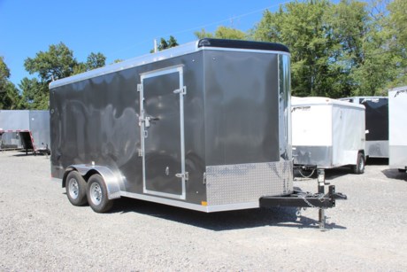 2023 COUNTRY BLACKSMITH ENCLOSED CARGO TRAILER,  PLATINUM SERIES, ROUND TOP WITH WEDGE NOSE, 24  TALL FRONT STONEGUARD, BRITE FRONT NOSE,  7  X 16  PLUS 2  WEDGE NOSE,  84  INTERIOR HEIGHT,  TRANSLUCENT ROOF UPGRADE,  6  EXTENDED TONGUE WITH TRIPLE TUBE,  2-5.2K TORSION RIDE AXLES,  ELECTRIC BRAKES ON ALL WHEELS, BREAKAWAY KIT,  SILVER 15  WHEELS WITH ST225/75/R15 RADIAL 8 PLY TIRES,  REAR RAMP DOOR W/ FLAP, 2ND GRAB HANDLE,  36  ALUMINUM FRAME SIDE DOOR WITH BAR LOCK AND FLUSH MOUNT LOCK,  ALUMINUM DOOR HOLDBACKS, ALL KEYED ALIKE-ALL 3 HASPS,  HIGH QUALITY .030  ALUMINUM SHEET METAL EXTERIOR, SCREWLESS,  CHARCOAL EXTERIOR COLOR, 3  HEAVY DUTY BOTTOM TRIM,  12  WALL, ROOF AND FLOOR CENTERS,  HD TUBE SIDEWALL FRAME, HD TOP TUBE FRAME,  ELECTROLYSIS BARRIER BETWEEN STEEL AND ALUMINUM,  TUBE MAIN FRAME AND C-CHANNEL FLOOR CROSSMEMBERS, WELDED CONSTRUCTION, REAR SILL UPGRADED TO 2  TUBE,  UNDERCOATING ON FRAME,  FRAMED FOR ROOF VENT, FLOW THRU SIDEWALL VENTS,  3/8  DRYMAX WALLS,  3/4  DRYMAX FLOOR, WATERPROOF,  LED LIGHTS, DOT COMPLIANT, RV 7 PIN PLUG, 2ND SET OF STRIP LED TAILLIGHTS,  (3) LED DOME LIGHTS WITH SWITCH,  2-5/16  ADJUSTABLE BALL COUPLER,  DOT RATED SAFETY CHAINS,  7K DROP LEG JACK,  3 YEAR FRAME WARRANTY.