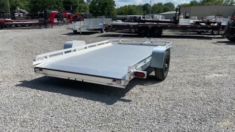 2023 ALUMA UTILITY TRAILER FOR SALE, ANNIVERSARY EDITION, 77  X 12 , REAR SLIDE-IN RAMP, 3.5K RUBBER TORSION IDLER AXLE, ST205/75R14  RADIAL TIRES, LIONSHEAD TIGER BLACK ALUMINUM WHEELS, EXTRUDED ALUMINUM FLOOR, FRONT AND SIDE RETAINING RAILS, A-FRAMED ALUMINUM TONGUE, TONGUE HANDLE, 2  COUPLER, 4 TIE DOWN LOOPS (2 PER SIDE), 4 STAKE POCKETS (2 PER SIDE), SWIVEL TONGUE JACK, LED LIGHTS, LIGHT ON FRONT RAIL.