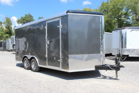 2023 COUNTRY BLACKSMITH ENCLOSED CARGO TRAILER,  PLATINUM SERIES, ROUND TOP WITH WEDGE NOSE, 24  TALL FRONT STONEGUARD, BRITE FRONT NOSE,  8.5  X 16  PLUS 3  WEDGE NOSE,  84  INTERIOR HEIGHT, ONE PIECE ALUMINUM ROOF,  6  EXTENDED TONGUE WITH TRIPLE TUBE,  2-5.2K TORSION RIDE AXLES,  ELECTRIC BRAKES ON ALL WHEELS, BREAKAWAY KIT,  SILVER 15  WHEELS WITH ST225/75/R15 RADIAL 8 PLY TIRES,  REAR RAMP DOOR W/ FLAP, 2ND GRAB HANDLE,  36  ALUMINUM FRAME SIDE DOOR WITH RV LATCH AND BAR LOCK,  ALUMINUM DOOR HOLDBACKS, ALL KEYED ALIKE-ALL 3 HASPS,  HIGH QUALITY .030  ALUMINUM SHEET METAL EXTERIOR, SCREWLESS,  CHARCOAL EXTERIOR COLOR, 3  HEAVY DUTY BOTTOM TRIM,  12  WALL, ROOF AND FLOOR CENTERS,  HD TUBE SIDEWALL FRAME, HD TOP TUBE FRAME,  ELECTROLYSIS BARRIER BETWEEN STEEL AND ALUMINUM,  TUBE MAIN FRAME AND C-CHANNEL FLOOR CROSSMEMBERS, WELDED CONSTRUCTION, REAR SILL UPGRADED TO 2  TUBE,  UNDERCOATING ON FRAME,  FRAMED FOR ROOF VENT, FLOW THRU SIDEWALL VENTS,  3/8  DRYMAX WALLS,  3/4  DRYMAX FLOOR, WATERPROOF,  LED LIGHTS, DOT COMPLIANT, RV 7 PIN PLUG, 2ND SET OF STRIP LED TAILLIGHTS,  (3) LED DOME LIGHTS WITH SWITCH,  2-5/16  ADJUSTABLE BALL COUPLER,  DOT RATED SAFETY CHAINS,  7K DROP LEG JACK,  3 YEAR FRAME WARRANTY.