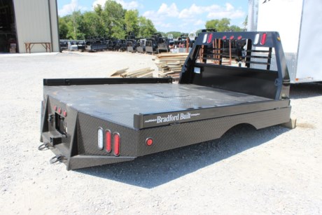 NEW PICKUP FLATBED FOR TRUCK FOR SALE, BRADFORD BUILT 96&quot; X 114&quot; STEEL WORKBED, 34&quot; FRAME WIDTH, 60&quot; CAB TO AXLE, FITS CAB &amp; CHASSIS DUALLY TRUCK, GOOSENECK HITCH, REAR 2-1/2&quot; RECEIVER HITCH, LED LIGHTS, LIGHTED HEADACHE RACK, BLACK POWDERCOAT, 1/8&quot; STEEL TREADPLATE FLOOR, 4&quot; DROP DOWN SIDES, TAPERED REAR CORNERS. Please check with us for exact fitment as makes vary slightly.