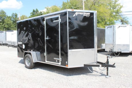 2022 HOMESTEADER 6&#39; X 12&#39; ENCLOSED CARGO TRAILER FOR SALE, BLACK EXTERIOR ALUMINUM, 24&quot; V-NOSE, 32&quot; SIDE DOOR WITH BAR LOCK, REAR RAMP DOOR WITH EXTENDED WOOD FLAP, 3/4&quot; PLYWOOD FLOOR, (4) FLOOR MOUNT D-RINGS, 3/8&quot; PLYWOOD WALLS, SIDE WALL FLOW THRU VENTS, DOME LIGHT, 3.5K IDLER AXLE, SPRING SUSPENSION, 15&quot; RADIAL TIRES, LED EXTERIOR LIGHTS, 72&quot; INTERIOR HEIGHT, A-FRAME JACK, 2&quot; COUPLER.