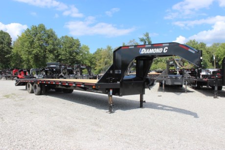 2022 DIAMOND C 30 +5  ENGINEERED BEAM GOOSENECK FLATDECK TRAILER, 5  DOVETAIL WITH 2 FLIP OVER MONSTER RAMPS(44  WIDE, SPRINGLOADED), 2-12K OIL BATH AXLES, ELECTRIC DRUM BRAKES, HEAVY DUTY HUTCH SPRING SUSPENSION, ST235/80R16  10 PLY TIRES, MATCHING SPARE TIRE WITH FOLD DOWN SPARE TIRE MOUNT, 2-5/16  BULLDOG ADJUSTABLE GN COUPLER, 2-12K DROP LEG JACKS, RETRACTABLE FRONT DECK STEPS, MID-DECK STEP ON BOTH SIDES, FRONT TOOLBOX BETWEEN GN RISERS, WINCH MOUNTING PLATE WITH RECEIVER TUBE, TREATED WOOD FLOOR, 6  CHANNEL LACE RAIL, 3  I-BEAM CROSS-MEMBERS ON 16  CENTERS, RUB RAIL WITH STAKE-POCKETS AND PIPE-SPOOLS, 16  TALL ENGINEERED I-BEAM, CAMBERED DECK AND FRAME, APPROXIMATELY 34  DECK HEIGHT, 102  OVERALL WIDTH, SEALED WIRING HARNESS, LED LIGHTS, BLACK, DM DIFFERENCE MAKER COATING SYSTEM, 3 YEAR STRUCTURE WARRANTY.