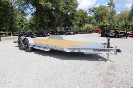 2023 DIAMOND C 18  X 83  GENERAL DUTY CAR HAULER / FLATBED TRAILER, 6  I-BEAM FRAME AND TONGUE, 2-6K ELECTRIC BRAKE (DROP) AXLES, SPRING SUSPENSION, ST225/75R15  RADIAL TIRES, BLACK WHEELS, SPARE MOUNT, 7K DROPLEG JACK, 2-5/16  21K DEMCO ADJUSTABLE COUPLER, LOCKABLE V-TONGUE STORAGE WITH LID, WINCH PLATE INSTALLED, 16GA SMOOTH STEEL TEARDROP FENDERS (REMOVABLE), 2 FOOT DIAMOND PLATE DOVETAIL, 5 FOOT REAR SLIDE-IN RAMPS, FORMED RUB RAIL WITH STAKE POCKETS, TREATED WOOD FLOOR, 3 INCH I-BEAM CROSSMEMBERS ON 16  CENTERS, LED LIGHTS, METALLIC SILVER, DM DIFFERENCE MAKER COATING SYSTEM, 3 YEAR STRUCTURE WARRANTY.