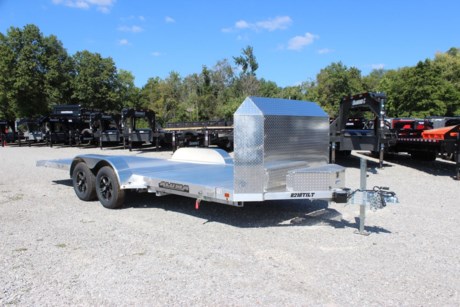 2023 ALUMA 82  X 18  ANNIVERSARY EDITION ALUMINUM TILT DECK TRAILER, 2-3500# RUBBER TORSION ELECTRIC BRAKE AXLES, ST205/75R14  RADIAL TIRES, LIONSHEAD TIGER BLACK ALUMINUM WHEELS, CUSHION CYLINDER W/ CONTROL VALVE, REMOVABLE ALUMINUM FENDERS, EXTRUDED ALUMINUM FLOOR, (8) LED BED LIGHTS, FRONT RETAINING RAIL, FRONT AIR DAM, A-FRAMED ALUMINUM TONGUE, 2 5/16  COUPLER, TONGUE HANDLE, FRONT STORAGE BOX WITH LIGHT, 6 STAKE POCKETS (3 PER SIDE), 4 RECESSED TIE RINGS, LED LIGHTS.
