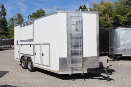 2023 STEALTH ENCLOSED CUSTOM CONTRACTOR TRAILER, TOOL CRIB PACKAGE AND FULL ELECTRICAL PACKAGE,  36&quot; V-NOSE WITH 24&quot; TALL STONEGUARD, FLAT TOP,  8.5&#39; X 16&#39;,  84&quot; INTERIOR HEIGHT,  2-5.2K AXLES, SPRING SUSPENSION,  ELECTRIC BRAKES ON ALL WHEELS, BREAKAWAY KIT,  SILVER 15&quot; WHEELS WITH ST225/75/R15 LRD RADIAL TIRES,  REAR RAMP DOOR WITH FLAP, SKID ROLLERS (BOGIE WHEELS),  48&quot; ALUMINUM FRAME SIDE DOOR WITH RV FLUSH MOUNT LOCK AND BAR LOCK (ON DRIVERS SIDE), PULL OUT SIDE DOOR STEP, ALUMINUM DOOR HOLDBACK,  HIGH QUALITY .030&quot; ALUMINUM SHEET METAL EXTERIOR, SCREWLESS,  WHITE EXTERIOR COLOR,  16&quot; ON CENTER FLOOR CROSSMEMBERS,  HD TUBE SIDEWALL FRAME, HD TOP TUBE FRAME,  ELECTROLYSIS BARRIER BETWEEN STEEL AND ALUMINUM,  TUBE MAIN FRAME WITH C-CHANNEL FLOOR CROSSMEMBERS, WELDED CONSTRUCTION,  UNDERCOATING ON FRAME,  3/8&quot; DRYMAX WALLS, WHITE VINYL CEILING LINER,  3/4&quot; DRYMAX FLOOR, TOOL CRIB C/S PACKAGE, 72&quot;W X 22&quot;H 400 SERIES DOOR WITH RV LOCK (OVER WHEEL WELL AND FOLD DOWN FOR WORKBENCH), (3) 24&quot;W X 36&quot;H 400 SERIES DOORS WITH RV LOCK, 16&quot; D BASE CABINET WITH HINGED TOP TO ACCESS FROM INSIDE, PEGBOARD ON INSIDE OF CABINETS, 5 DRAWER CABINET INSIDE 24X36 TOOL CRIB DOOR, 7 DRAWER CABINET INSIDE 24X36 TOOL CRIB DOOR, 6FT WIDE X 3FT TALL TOP HINGE VENDING DOOR WITH GAS STRUTS, 45 AMP RV POWER CENTER ELECTRICAL PACKAGE: 45 AMP RV CONVERTER/POWER CENTER, 30AMP MOTORBASE PLUG WITH DETACHABLE TWISTLOCK POWER CORD, 12V BATTERY WITH BOX, (8) 12V 11&quot; DELUXE LED DOME LIGHTS, (2) 12V 3 WAY WALL SWITCHES, (4) 110V INTERIOR WALL RECEPTS, (1) EXTERIOR GFI RECEPT IN WEATHERPROOF BOX, OVERHEAD CABINET FOR RV CONVERTER/POWER CENTER,  FLAT ROOF LADDER RACKS, REMOVABLE LADDER, LED LIGHTS,  2-5/16&quot; BALL COUPLER,  5 YEAR FRAME WARRANTY.