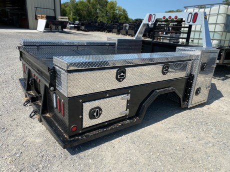 BRADFORD BUILT CONTRACTOR BED 96&quot; X 112&quot;, 34&quot; FRAME WIDTH, 60&quot; CAB TO AXLE, FITS DUALLY WHEEL CAB AND CHASSIS TRUCK (9FT FRAME), 1/8&quot; STEEL TREADPLATE FLOOR, 30K RATED 2-5/16IN GOOSENECK HITCH, REAR 2-1/2IN RECEIVER HITCH, FRONT CORNER BOXES WITH ADJUSTABLE SHELVING, LONG BOXES ON EACH SIDE, REAR BOXES ON EACH SIDE, REAR TAILGATE, LED LIGHTS, (4) FLOOR MOUNT D-RING TIE DOWNS, ALUMINUM HEADACHE RACK, BLACK POWDERCOAT STEEL BED WITH ALUMINUM TOOLBOXES. Please check with us for exact fitment as makes vary slightly.
