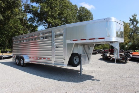 2022 FEATHERLITE 8127 7  X 24  ALUMINUM LIVESTOCK TRAILER, 6 6  INTERIOR HEIGHT, TWO DIVIDER GATES WITH SLIDERS WITH 3 EQUALLY SPACED COMPARTMENTS, SPARE TIRE CARRIER, GN 2 5/16  ADJUSTABLE COUPLER, TAPERED NOSE, SINGLE DROP LEG JACK, 2-7K RUBBER TORSION ELECTRIC BRAKE AXLES, ST235/80R16 LRE TIRES, REAR GATE WITH OUTSIDE SLIDER AND WESTERN REAR, RUBBER BUMPER DOCK, ESCAPE DOOR, SKID RESISTANT ALUMINUM FLOOR, 12  ON CENTER CROSS MEMBERS, REAR GN FULL WIDTH DROP DOWN GATE WITH CENTER LATCH, SIDE PANEL WITH 2 TOP AIR SPACES, LED EXTERIOR LIGHTS, LED INTERIOR DOME LIGHT WITH SWITCH UNDER GOOSENECK. -----CUSTOM OPTIONS-------THREE LED INTERIOR DOME LIGHTS WITH SWITCH, STAINLESS STEEL NOSE, REAR SLAM LATCH, WESTERN PACKAGE, DOUBLE TAIL LIGHTS, REAR GATE WITH OUTSIDE SLIDER, CHROME WHEEL LINERS, SPARE TIRE.
