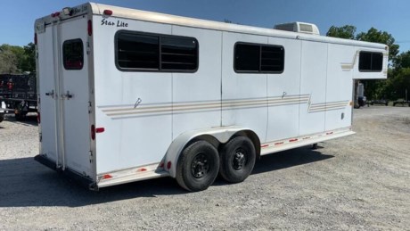 AS IS  USED 2000 STARLITE 4 HORSE GOOSENECK TRAILER FOR SALE, ALL ALUMINUM, 4 HORSE SLANT, DOUBLE REAR DOORS, REMOVABLE REAR TACK, FRONT DRESSING ROOM WITH SIDE DOOR, ESCAPE DOOR, RUBBER MATS, DROP DOWN FEEDING WINDOWS, ROOF VENTS, 2-6K TORSION AXLES, GOOD 16&quot; 10 PLY TIRES, 2-5/16&quot; GN COUPLER, SINGLE DROP LEG JACK, SPARE TIRE, 21FT BOX + 8FT GOOSENECK, 80IN WIDE, 7FT INTERIOR HEIGHT, GOOD CONDITION.