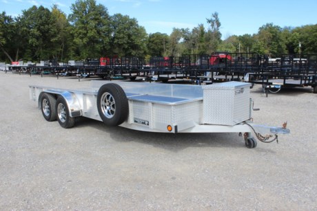 USED 2015 TROPHY 18FT TANDEM AXLE ALUMINUM UTILITY TRAILER, 81IN WIDE, STRAIGHT DECK, 4  REAR TAILGATE, PAINTED WOOD FLOOR, ALUMINUM FRAME, ALUMINUM SIDES, 2-3.5K TORSION AXLES, ELECTRIC BRAKES, EXCELLENT 15  RADIAL TIRES, ALUMINUM WHEELS, FRONT TOOLBOX, 2  COUPLER, SWIVEL TONGUE JACK, VERY GOOD CONDITION.