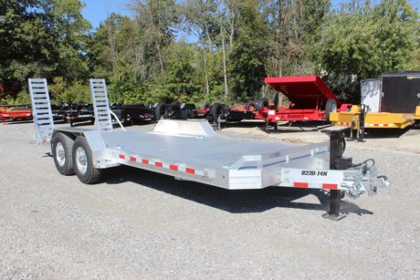 2023 ALUMA 20  X 82  SUPER HEAVY DUTY 14K FLATBED EQUIPMENT TRAILER, ALL ALUMINUM, 2-7000# RUBBER TORSION AXLES, ELECTRIC BRAKES &amp; BREAKAWAY KIT, ST235/80R16  LRE RADIAL TIRES, ALUMINUM WHEELS, REMOVABLE ALUMINUM FENDERS, EXTRUDED ALUMINUM FLOOR, FRONT RETAINING RAIL, (6) BOLT-ON TIE RINGS (GALVANIZED #8000), A-FRAMED ALUMINUM TONGUE WITH 2-5/16  ADJUSTABLE COUPLER, SAFETY CHAINS, SINGLE 10K DROP LEG JACK, (2) 5 FOOT ALUMINUM REAR STAND-UP RAMPS, DOVETAIL (30  LONG), STAKE POCKETS WITH SIDE RAILS, LED LIGHTING PACKAGE.