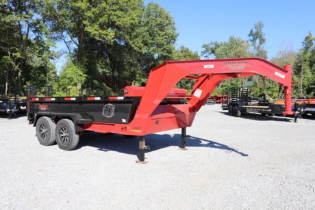 2023 HORIZON 14  X 80  HZ7 GOOSENECK HEAVY DUTY DUMP TRAILER, LEGACY MODEL, RED FRAME / BLACK BOX TWO TONE COLOR, 8  I-BEAM FRAME (13LBS), 10  I-BEAM GOOSENECK, 2-5/16  GN ADJUSTABLE COUPLER, FRONT TOOLBOX, DUAL 12K DROP LEG JACKS, GN SPARE TIRE MOUNT, MATCHING SPARE TIRE, 2-7K ELECTRIC BRAKE AXLES, SPRING SUSPENSION, ST235/85R16  14 PLY TIRES WITH ALUMINUM WHEELS, HD TREADPLATE FENDERS, 2FT TALL DUMP SIDES, 7GA STEEL FLOOR WITH 10GA SIDES, REAR SPREADER GATE WITH DOUBLE DOORS, REAR SUPPORT JACKS, 5FT REAR SLIDE IN RAMPS, (4) D-RING TIE DOWNS IN BED, TARP KIT, (2) SIDE STEPS, 6  X 20  SCISSOR HOIST, POWER UP AND DOWN, KTI 12V HYDRAULIC PUMP, DEEP CYCLE MARINE BATTERY, 110V INTEGRATED TRICKLE CHARGER, ALL WEATHER WIRING HARNESS (7 WAY RV), DOUBLE INSULATED WIRING HARNESS, LED LIGHTS, POWDERCOAT PAINT, THREE YEAR FRAME / ONE YEAR LIMITED WARRANTY.