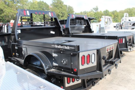 BRADFORD BUILT STEEL STEP SIDE BED, 96&quot; X 102&quot;, 42&quot; FRAME WIDTH, 56&quot; CAB TO AXLE, FITS A DUALLY WHEEL BED TAKE OFF TRUCK (LONG BED) CHEVY OR FORD UP TO 2017, LED LIGHTS, LIGHTED HEADACHE RACK, 30K RATED 2-5/16&quot; GOOSENECK HITCH, 2-1/2&quot; REAR RECEIVER HITCH, REAR TAPERED CORNERS, 4&quot; DROP DOWN SIDES, 1/8&quot; STEEL TREADPLATE FLOOR, SKIRTED BED WITH 4 TOOLBOXES (ONE IN EACH CORNER),  MUD FLAPS, BLACK POWDERCOAT.