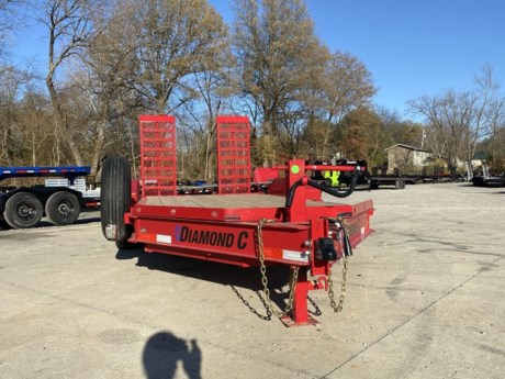 2023 DIAMOND C LPX207-16 HD LOPRO EQUIPMENT TRAILER 82 IN WIDE X 16 FT LONG, RED DIFFERENCE MAKER POWDERCOAT, ALUM WHEELS, MATCHING SPARE TIRE, HD TONGUE LID, HD FENDERS, HD FOLD UP RAMPS, 3/16 IN DRIVE OVER FENDERS, 8 IN I BEAM FRAME, 12K DROPLEG JACK, TREATED WOOD FLOOR, RUB RAILS ON SIDE, 4 D-RINGS ON DECK, LED LIGHTS