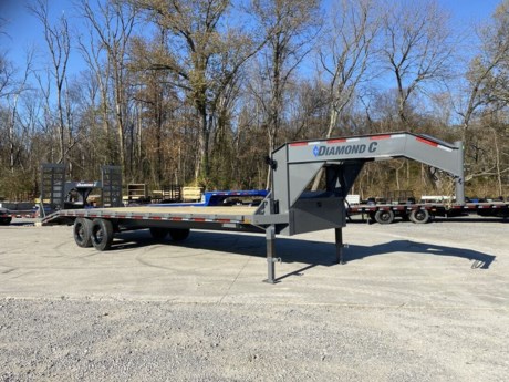 2023 DIAMOND C 26FT HEAVY DUTY DECK-OVER 20K EQUIPMENT TRAILER, 12IN X 16LB I-BEAM GOOSENECK, 48IN DOVETAIL WITH EXTRA WIDE HD FLIP-KNEE 24&amp;quot; X 60&amp;quot; SPRING ASSISTED RAMPS, DUAL 12K DROP LEG JACKS, 25K BULLDOG BX1 2-5/16&amp;quot; ADJUSTABLE GOOSENECK COUPLER, 8IN X 15LB I-BEAM FRAME, 3&amp;quot; I-BEAM CROSSMEMBERS ON 16&amp;quot; CENTERS, 2-10K OIL BATH TORSION AXLES, ELECTRIC DRUM BRAKES, ST215/75R17.5&amp;quot; RADIAL TIRES, SPARE TIRE AND MOUNT, TREATED WOOD FLOOR, RUB RAIL WITH PIPE SPOOLS AND STAKE POCKETS, WINCH MOUNTING PLATE WITH RECEIVER TUBE, 14&amp;quot; X 14&amp;quot; X 42&amp;quot; UNDERSLUNG STORAGE BOX, FRONT RETRACTABLE STEPS, LED LIGHTS, BOLT-ON LED FLOOD LIGHTS (ONE PAIR), CEMENT GRAY, DM DIFFERENCE MAKER COATING SYSTEM, 3 YEAR STRUCTURE WARRANTY.