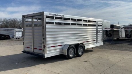 2021 FEATHERLITE 8117 20  ALUMINUM LIVESTOCK TRAILER, 6 7  WIDE, 6 6  HEIGHT, 2-6K TORSION ELECTRIC BRAKE AXLES, ST235/80R16  LRE TIRES, SPARE TIRE CARRIER, 2 5/16  ADJUSTABLE GN COUPLER, SINGLE DROP LEG JACK, LED INTERIOR LIGHT W/ SWITCH UNDER GOOSENECK, LED EXTERIOR LIGHTS, REAR FULL SWING GATE W/ OUTSIDE SLIDER, ESCAPE DOOR, CENTER DIVIDER GATE W/ SLAM LATCH, SKID RESISTANT EXTRUDED ALUMINUM FLOOR, SIDE PANEL WITH 2 TOP AIR SPACES, REMOVABLE DROP GATE PANEL, BUMPER RUBBER DOCK, TAPERED NOSE. -------CUSTOM OPTIONS-------MATCHING SPARE, WESTERN REAR, REAR GATE WITH OUTSIDE SLIDER, REAR GATE SLAM LATCH, STAINLESS STEEL NOSE AND CORNERS.